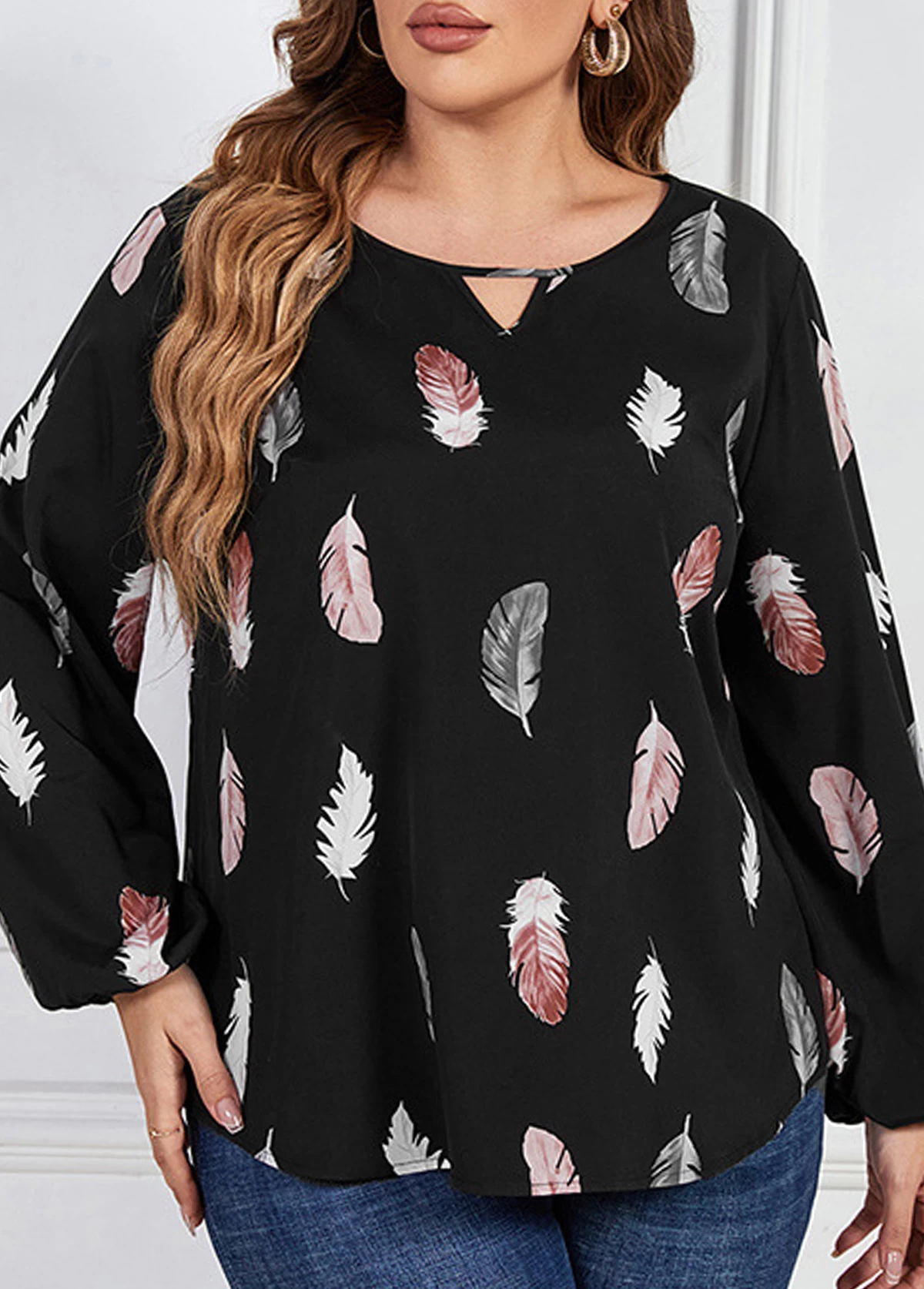 Black Cut Out Plus Size Leaf Print Blouse 1 Black Cut Out Plus Size Leaf Print Blouse