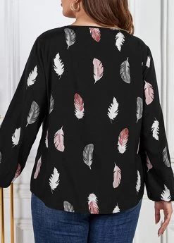 Black Cut Out Plus Size Leaf Print Blouse 5 Black Cut Out Plus Size Leaf Print Blouse -Modlily 345738 P 1698889482599
