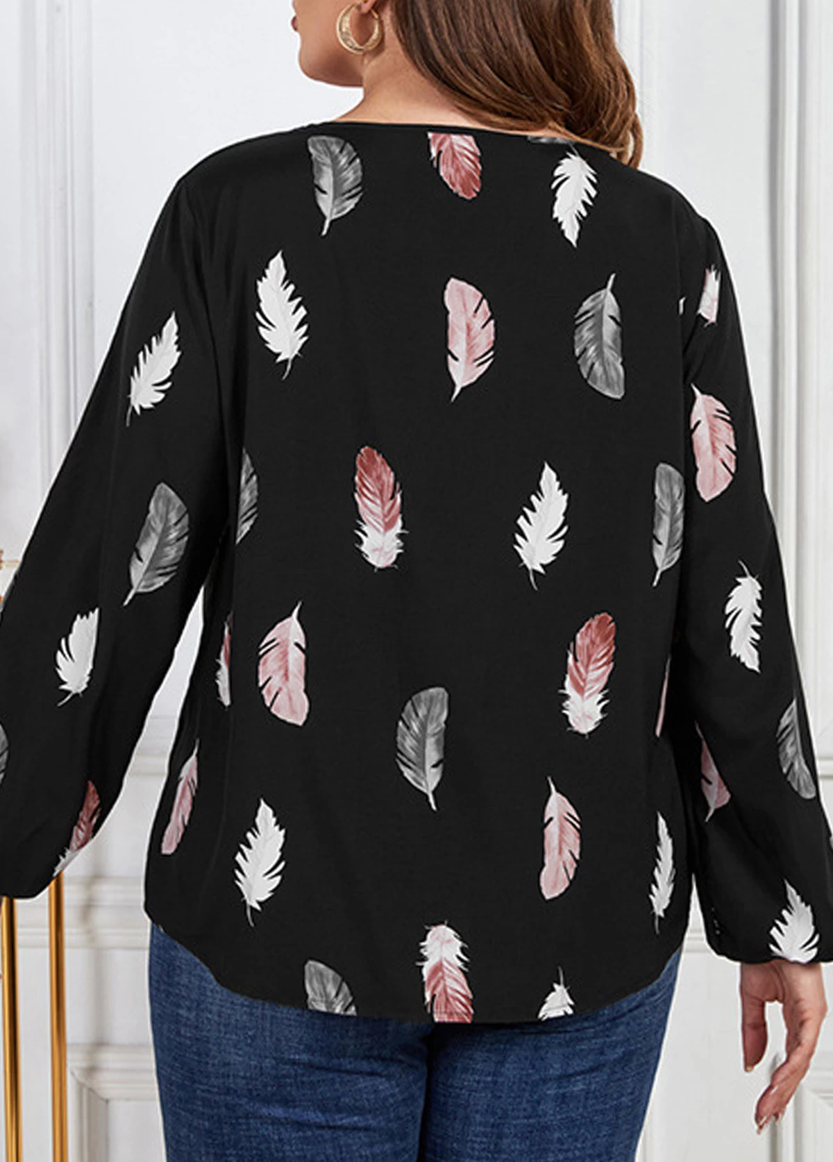 Black Cut Out Plus Size Leaf Print Blouse 2 Black Cut Out Plus Size Leaf Print Blouse - Image 2