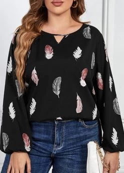 Black Cut Out Plus Size Leaf Print Blouse 6 Black Cut Out Plus Size Leaf Print Blouse -Modlily 345738 P 1698889483150