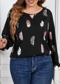 Black Cut Out Plus Size Leaf Print Blouse 7 Black Cut Out Plus Size Leaf Print Blouse -Modlily 345738 P 1698889483446