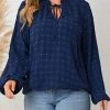 Navy Lace Up Plus Size Long Sleeve Blouse