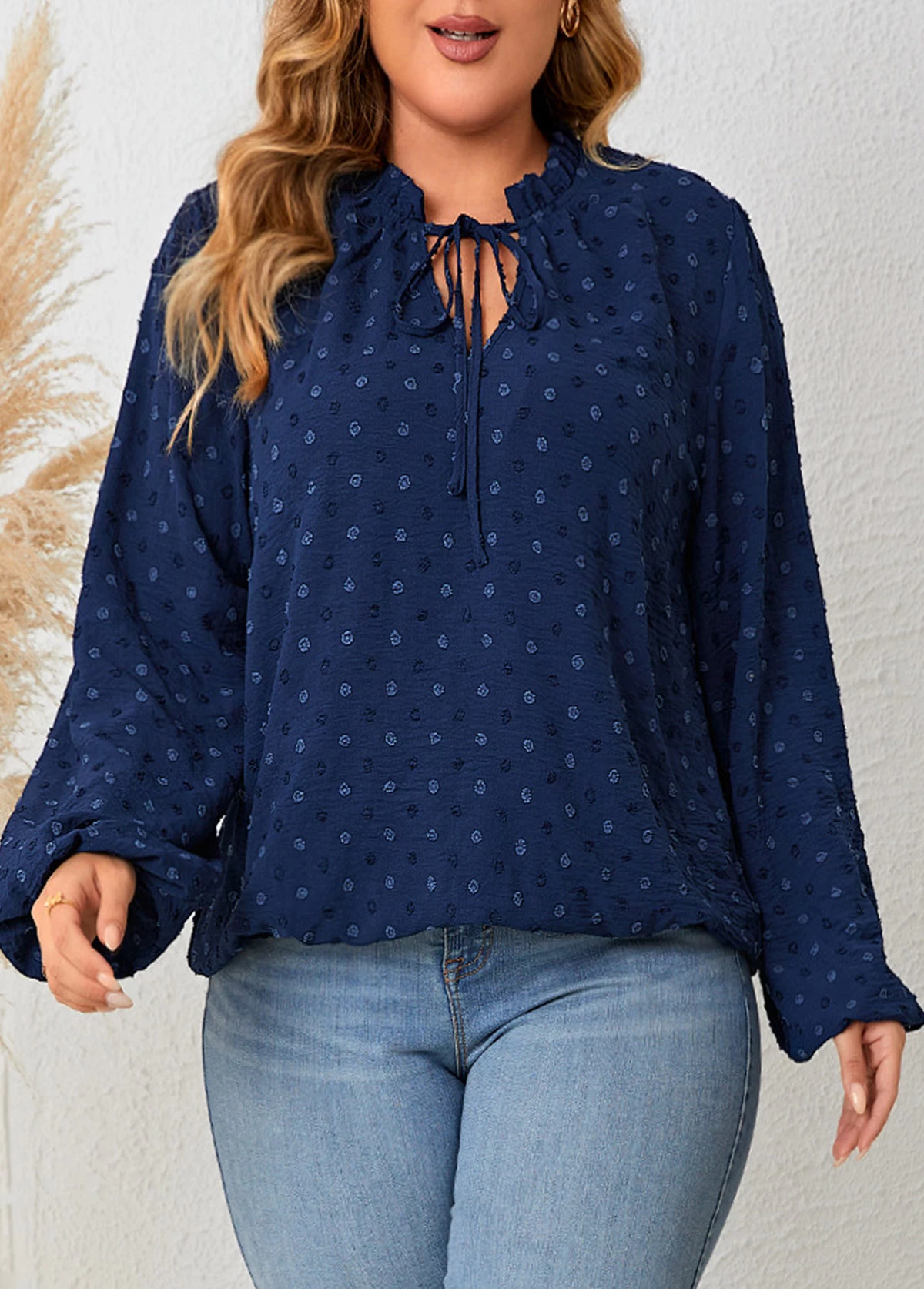 Navy Lace Up Plus Size Long Sleeve Blouse 1 Navy Lace Up Plus Size Long Sleeve Blouse