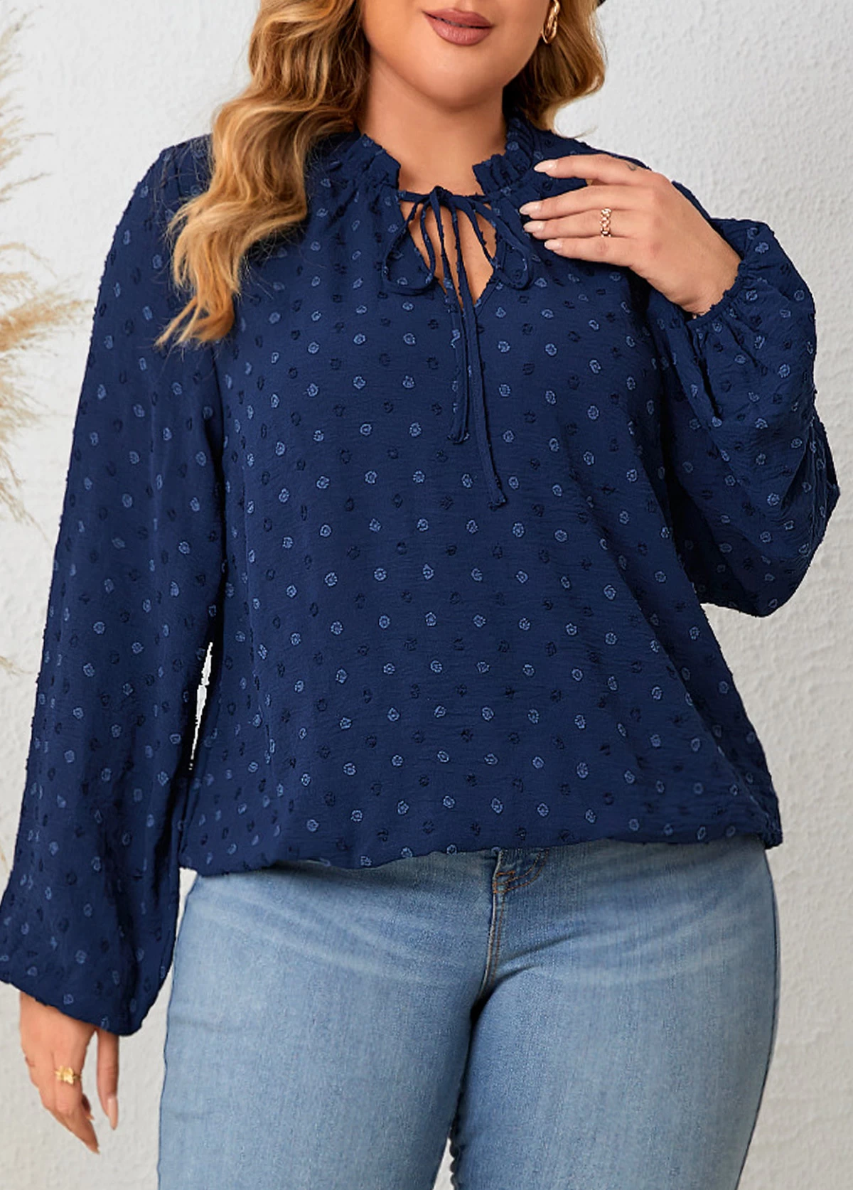 Navy Lace Up Plus Size Long Sleeve Blouse 3 Navy Lace Up Plus Size Long Sleeve Blouse - Image 3