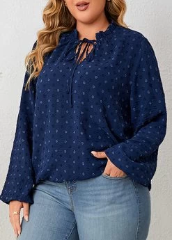Navy Lace Up Plus Size Long Sleeve Blouse 7 Navy Lace Up Plus Size Long Sleeve Blouse -Modlily 345739 P 1698816365012