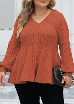 Brick Red Plus Size Long Sleeve V Neck Blouse