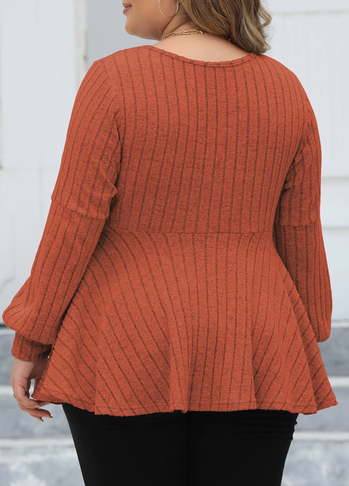 Brick Red Plus Size Long Sleeve V Neck Blouse 2 Brick Red Plus Size Long Sleeve V Neck Blouse - Image 2