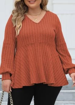 Brick Red Plus Size Long Sleeve V Neck Blouse 7 Brick Red Plus Size Long Sleeve V Neck Blouse -Modlily 345775 P 1698893432701